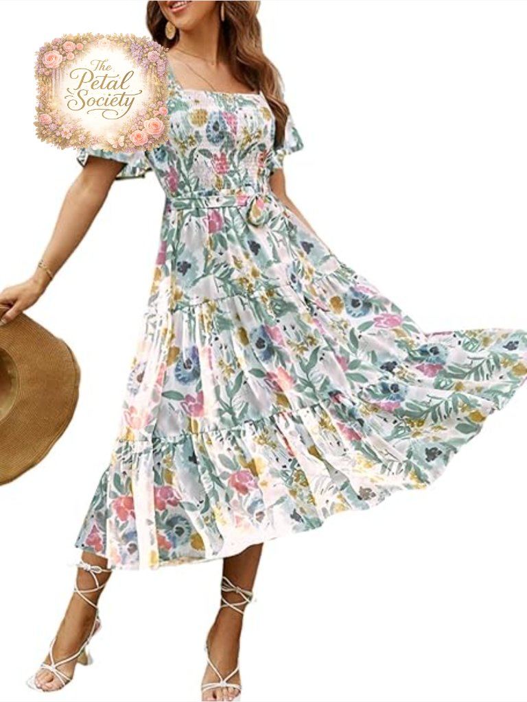 Boho Flowy Midi Dress Square Neck Smocked A-Line Wedding Guest